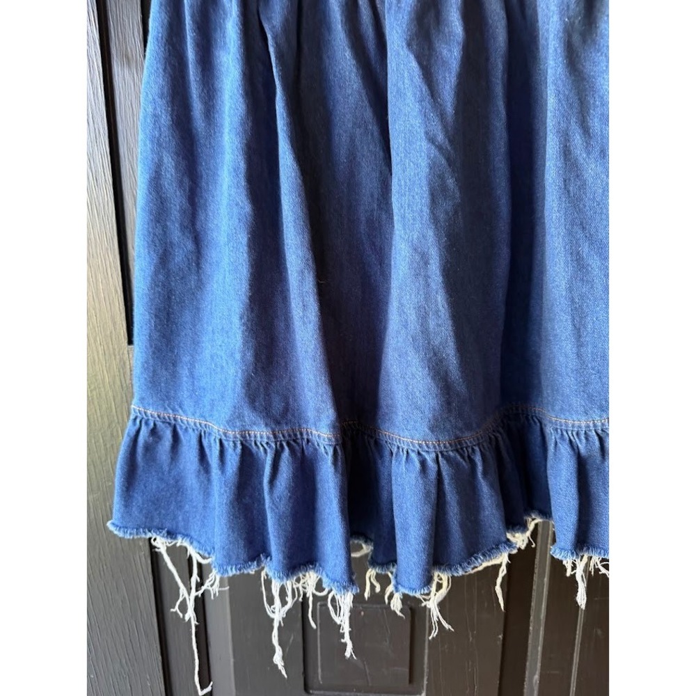 Olivaceous Blue Denim Puff Sleeve Babydoll Mini Dress Frayed Hem Sweetheart Neck - Picture 5 of 10